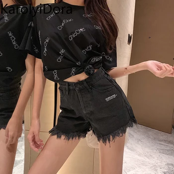 

Women's Jeans Fashion 2020 Summer Korean Retro Wild High Waist Printing Tassel Fray Denim Shorts Hot Pants