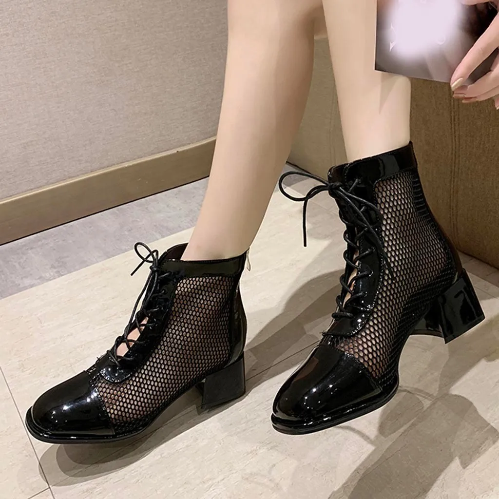 

Women Boots Ladies Ankle Bare Round Toe Mesh Lace-Up Boots Square Heel Short Booties Female Autumn Comfortable Shoes M50#