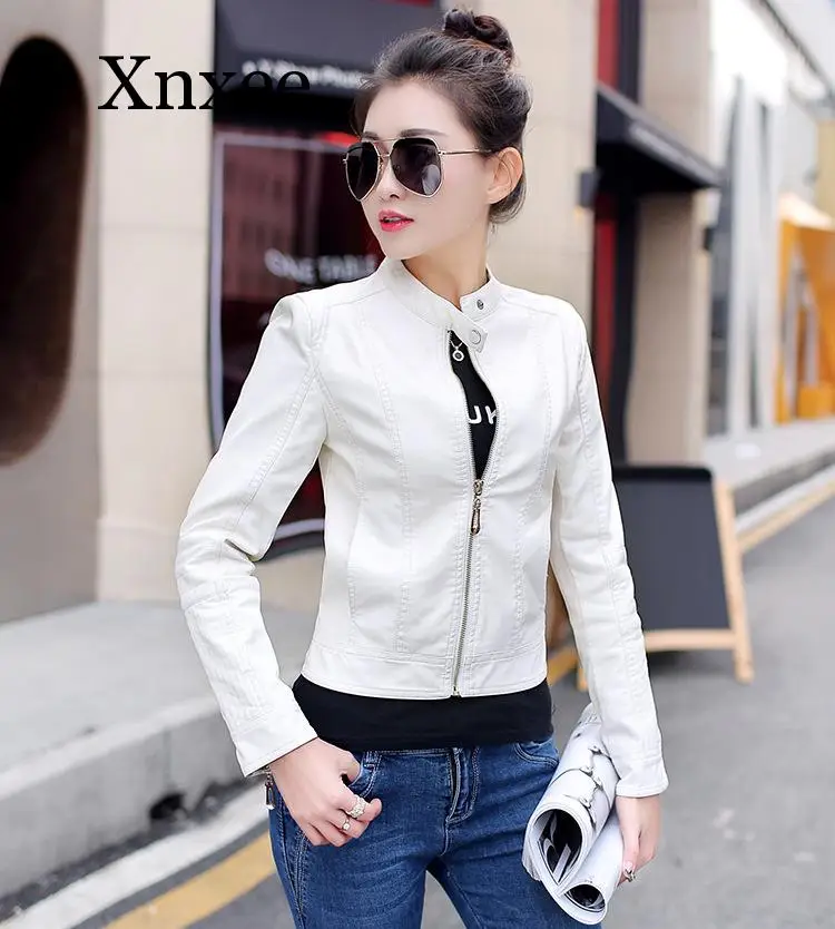 

Elegant White Women Leather Jacket Short Washed PU Leather Motorcycle Jacket Slim Female Soft Leather Large Black white short