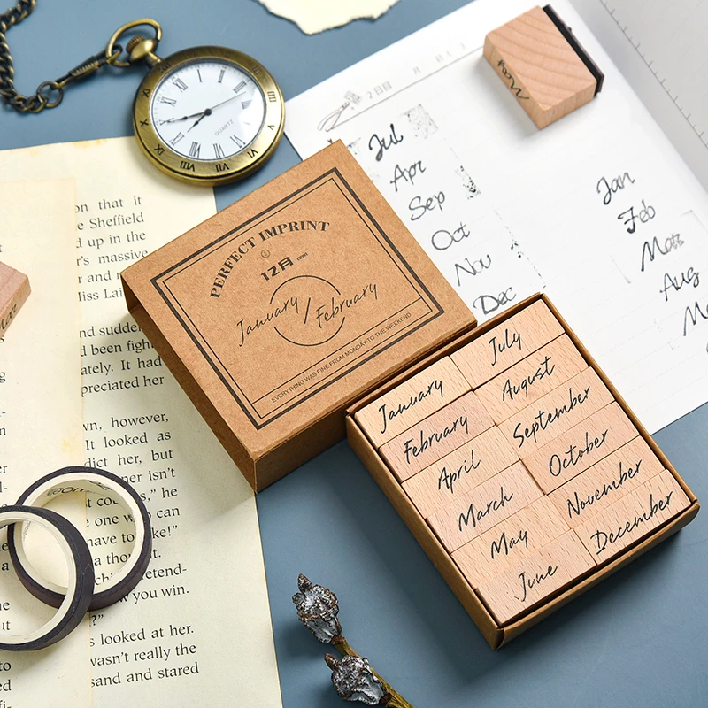 Vintage Month Week Number Wood Stamp Set Diy Decorative Diary Journal Craft Scrapbooking Planner Stamp Stationery