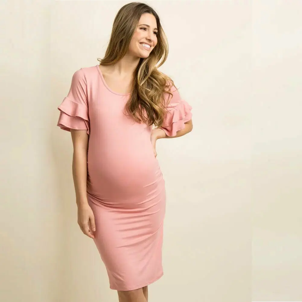 pudcoco Women Pregnant Autumn Dresses Maternity O-Neck Long Sleeve Solid Ruffles Sexy Photography Mini Dress 3 colour - Цвет: Розовый