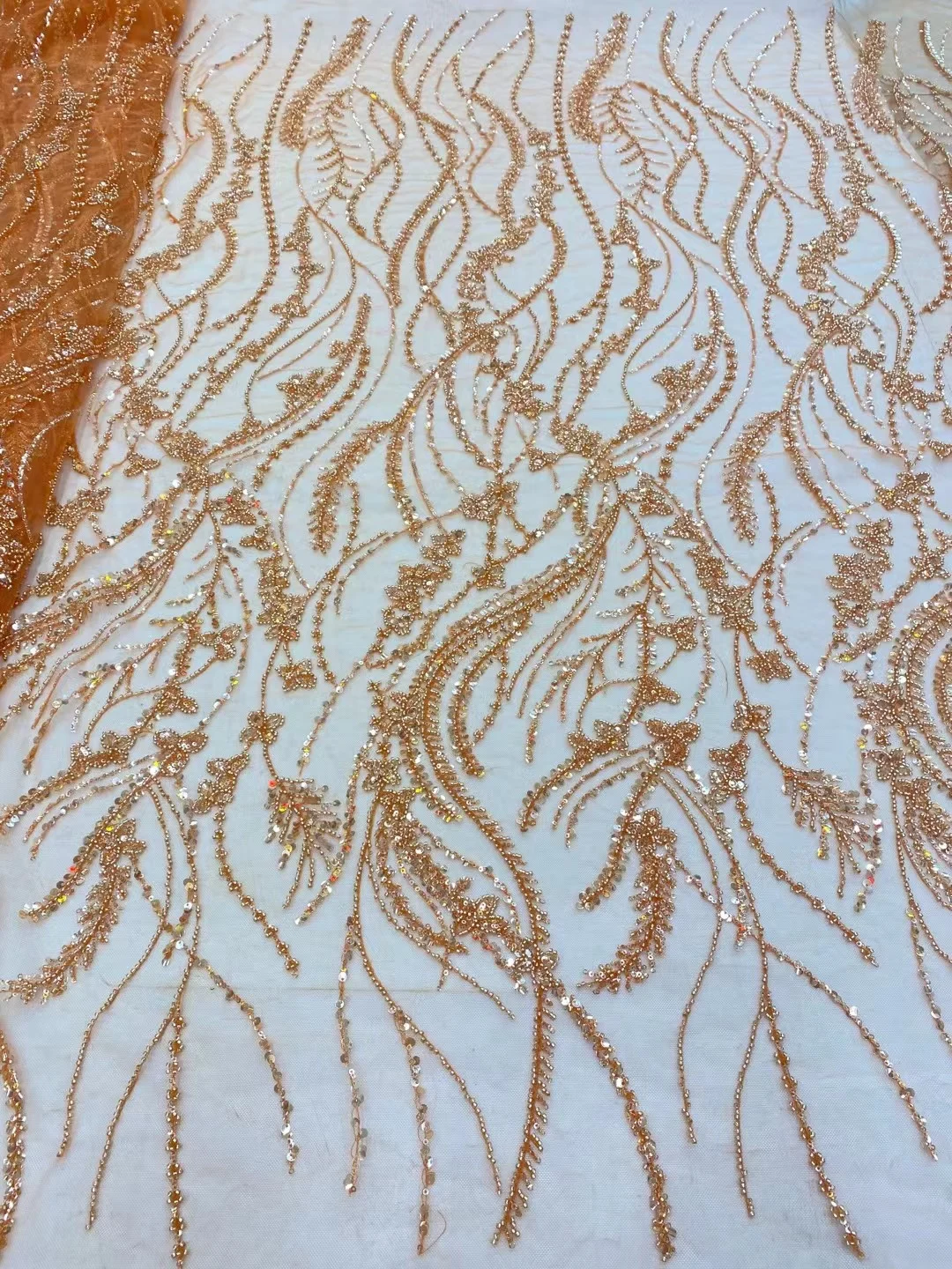 

(5yards/pc) High grade orange African French net lace with beads and sequins embroidered tulle lace fabric for fine dress FRX019