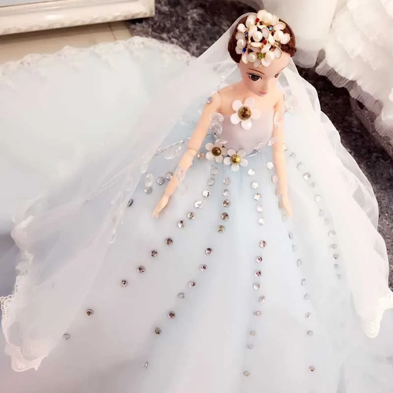Mini Bride Doll High Quality Soft Luxury Long Tail Dream Wedding Dress Princess Evening Party Clothes Child Present Girl's Gift