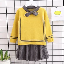 Модная детская одежда для маленьких девочек г. Осенний вязанный пуловер свитер+ плиссированная юбка, комплекты зимняя одежда для девочек 3-7Y