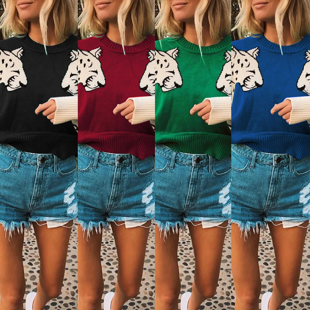 Jaycosin Fashion Women Simple Wild Animal Print Patchwork Sweater Stylish Long Sleeve Comfortable Casual Loose Top Blouse 928#4