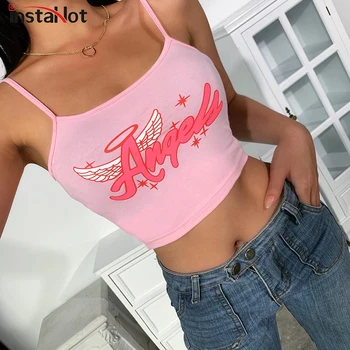 

InstaHot summer women crop top letter printed camis streetwear casual 2020 party club sexy backless tank top camisole tops