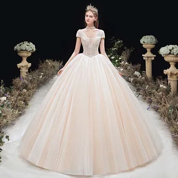 

Champagne Luxury Plus Size Wedding Dress Elegant Sexy Deep V-Neck Wedding Gowns Lace Up Ball Gown Vestido De Noiva
