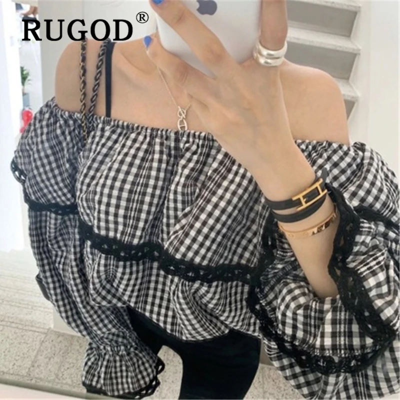 RUGOD модная клетчатая женская блузка элегантные оборки с открытыми плечами