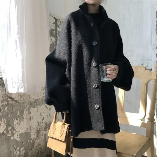 SHENGPALAE, осень, новинка, модное шерстяное пальто с отворотами и цветочными рукавами, женская Свободная Повседневная Уличная Корейская куртка FV309 - Цвет: black