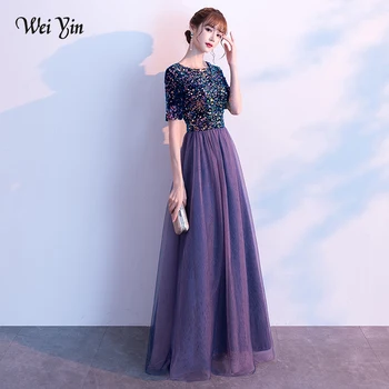 

AE0113 wei yin Elegant Short Sleeve Plus Size Sequined Long Evening Dress O-neck A-line Party Evening Gowns Robe de Soiree