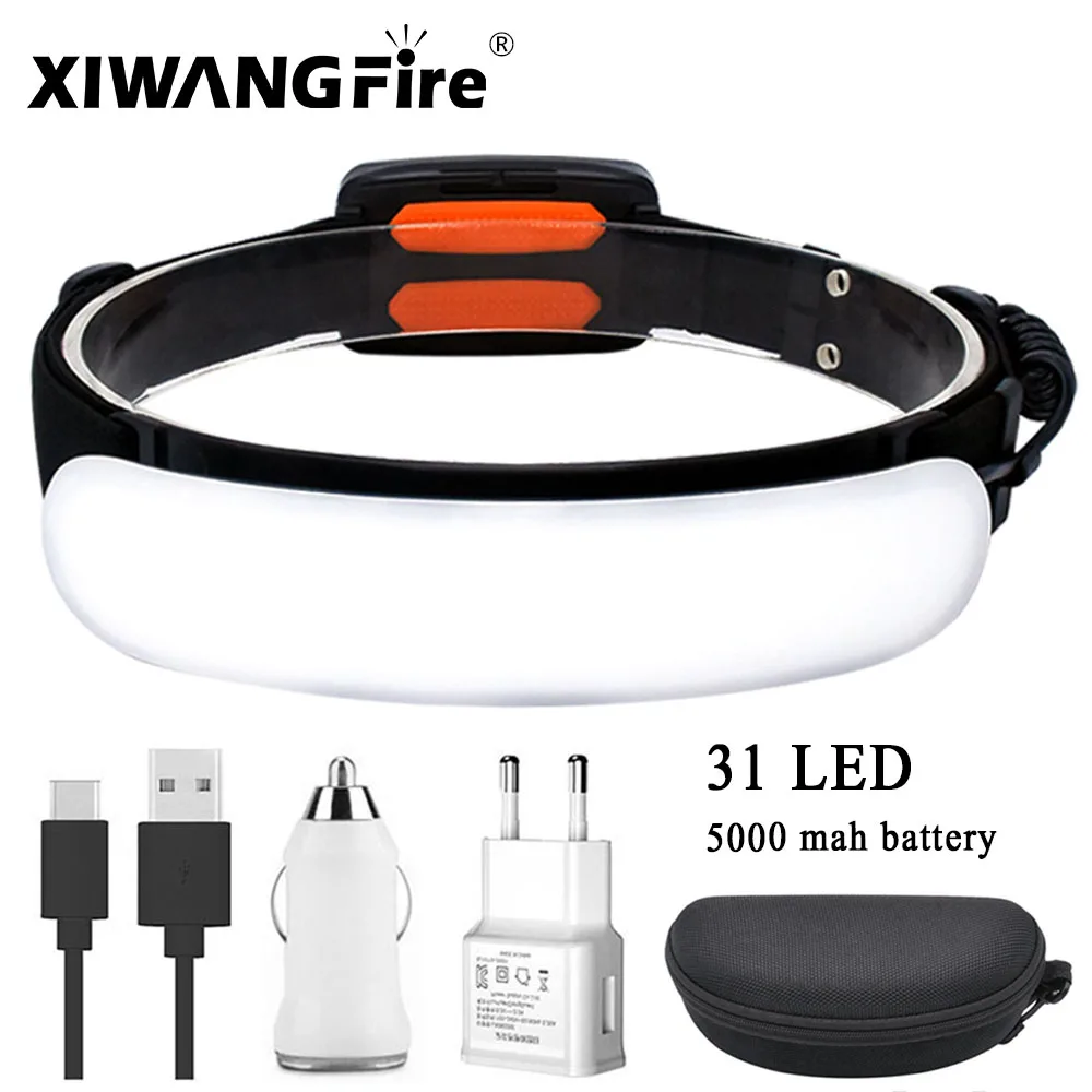 Ultra Wide Angle COB Headlamp 31PCS LED Portable Headlight with Built-in 5000Mah Battery Flashlight USB Rechargeable Head Torch | Лампы и