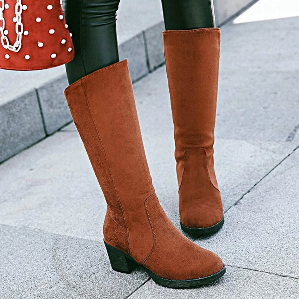 Winter Warm Knee High Boots Womens Snow Boots High Heels Side Zipper Female Shoes Thick High Heel botines Large Size Shoe#1025
