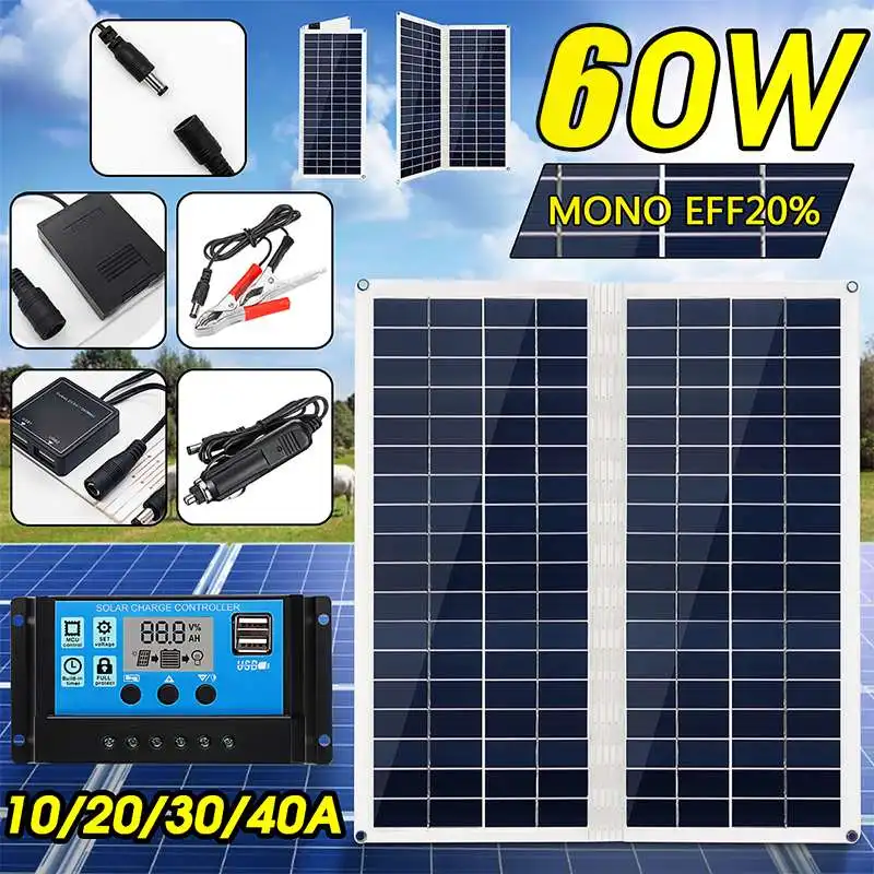 

Folding Solar Panel 60W 18V Dual USB with Car Charger + 10/20/30/40A USB Solar Charger Controller for Outdoor Camping LED Light