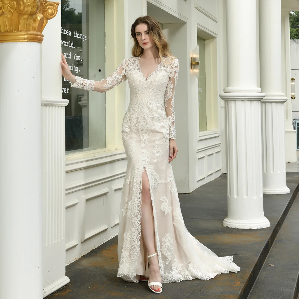 

ADLN 2020 Gorgeous Long Sleeves Wedding Gown Deep V-neck Wedding Dress with Front Slit Sweep Train Mermaid Lace Bridal Gown