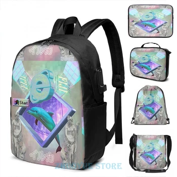 

Graphic print Vaporwave dolphin explores the Internet USB Charge Backpack men School bags Women bag Travel laptop bag