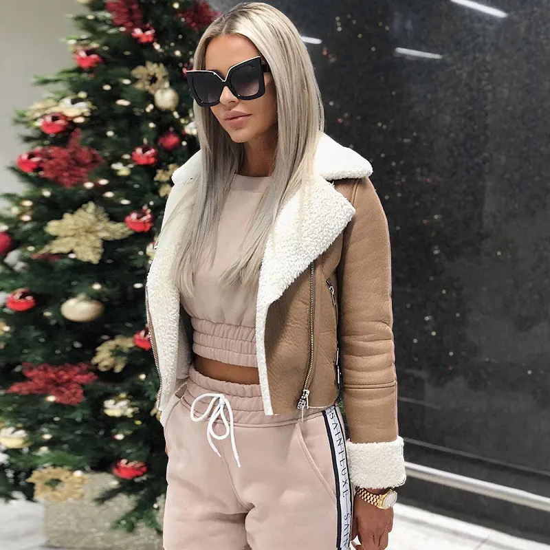 

Autumn Winter Jackets Women Lapel Suede Leather Buckle Cool Pilot Jacket Faux Lamb Wool Motorcycle Jackets Chaqueta Mujer FB