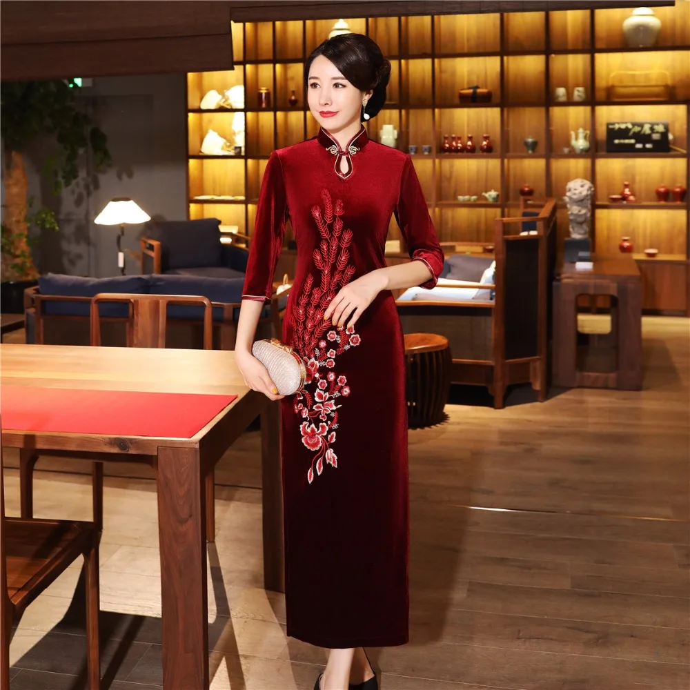 Шанхай история бархат Cheongsam китайское платье вышивка Qipao длинное