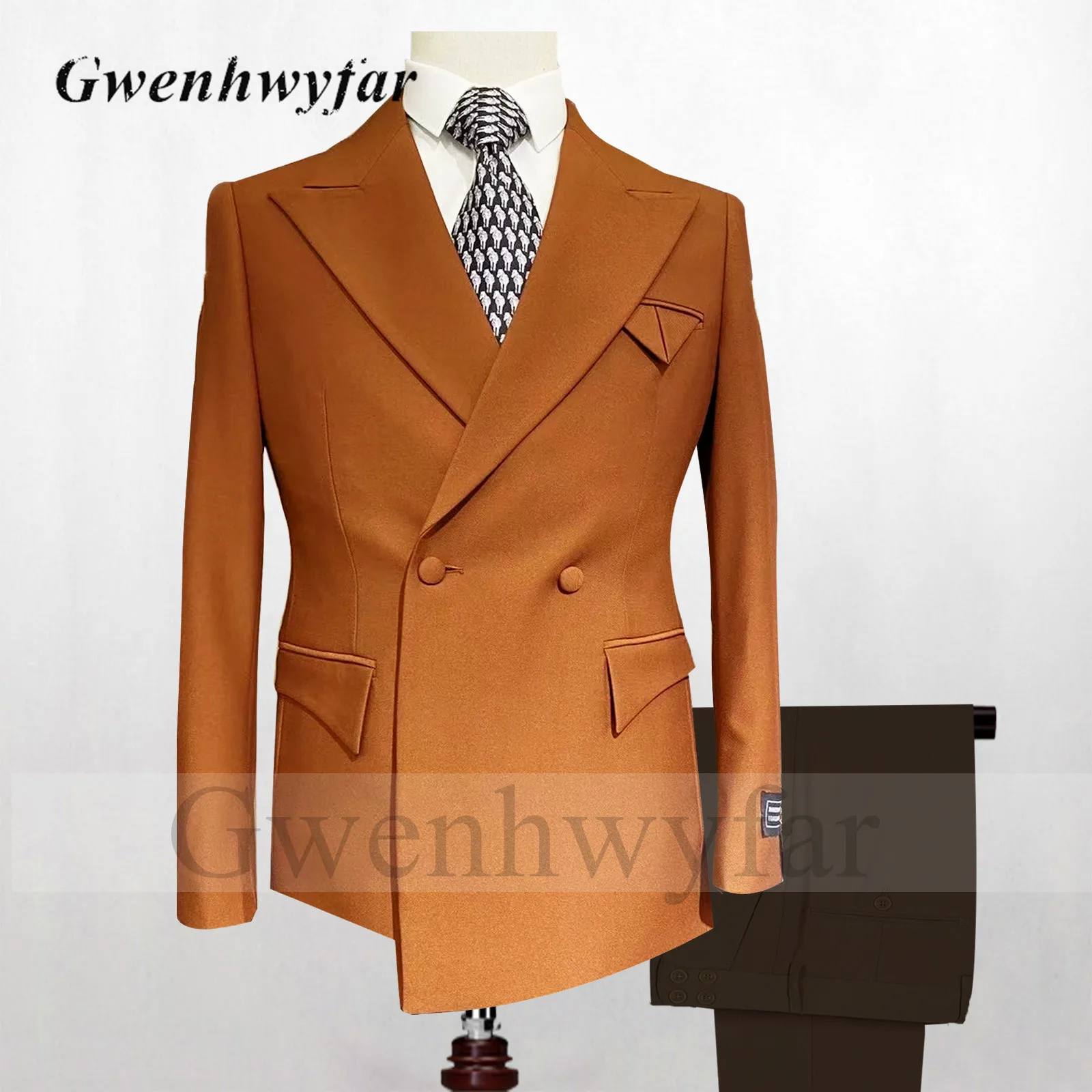 Nina Store Men's Suit Brown Blazer Black Pants Set Double Breasted Groom Wedding Tuxedos Asymmetry Length Jacket