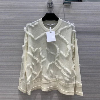 

High Quality 100% Cashmere Pullover Women's Knitted Sweater 2020 New Autumn Fashion Patchwork Tassel Solid Color Knitwear Jumper
