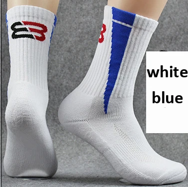 Professional Sport Socks Thick Compression Basketball Sock Outdoor Ski Mountain Hiking Fitness Tubing Sweat Towel Men Socks - Color: A white blue