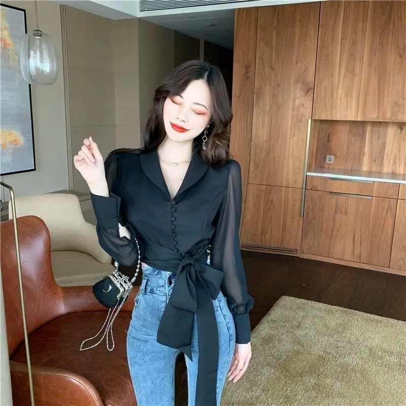 Shirts Women Solid Turn-down Collar Ins Abdomen Cropped Leisure Korean Style Fashionable Ladies Blouses Long Sleeve Stylish Chic