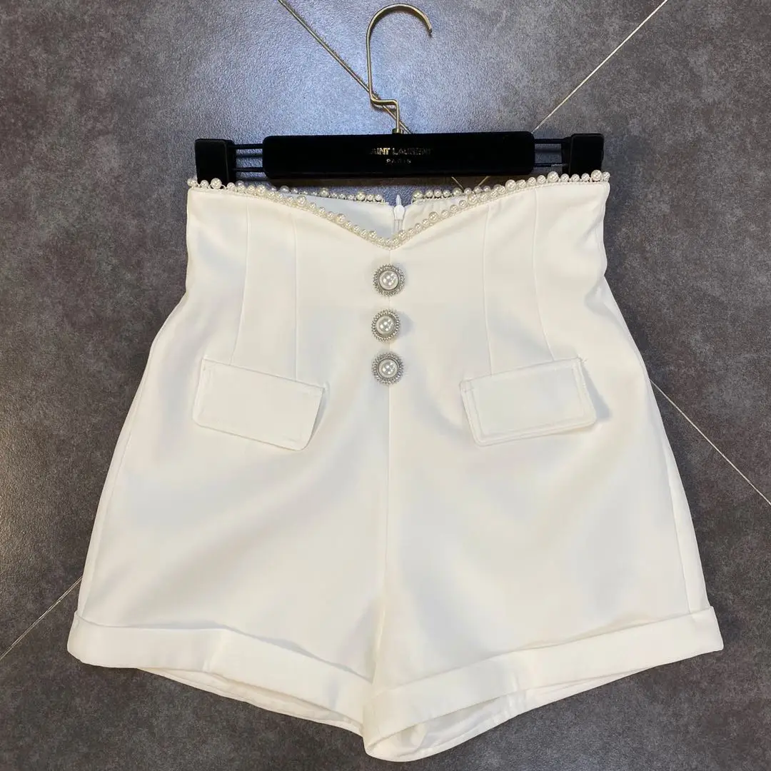 Spring Autumn Fashion Casual Black White Beaded High Waist Shorts Women Elegant Office Ladies Cotton Short Pants Female Bottoms