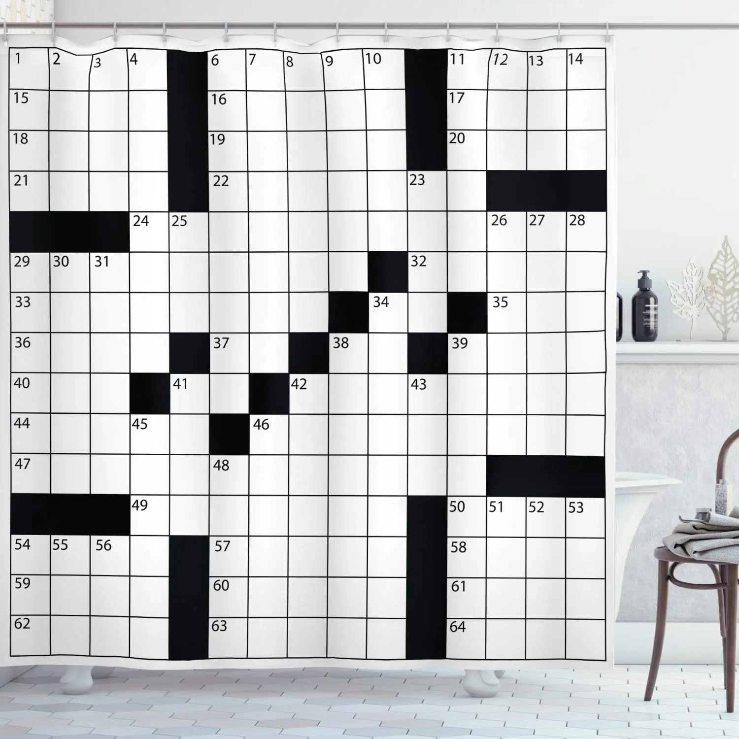 

Word Search Puzzle Shower Curtain, Blank Newspaper Style Crossword Puzzle with Numbers in Word Grid, Cloth Fabric Bathroom Decor