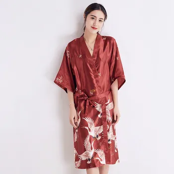 

Elegant Burgundy Women Robe Kimono Gown Wedding Robe Summer Casual Soft Sleepwear Bathrobe Gown Exquisite Print Pattern Homwear