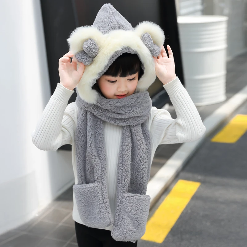 grey-child Шапки, шарфиковые перчатки, Женская Корейская версия, двухслойная теплая утолщенная Осенняя зимняя шапка, шейный платок с героями мультфильмов для родителей и детей - Цвет: grey-child