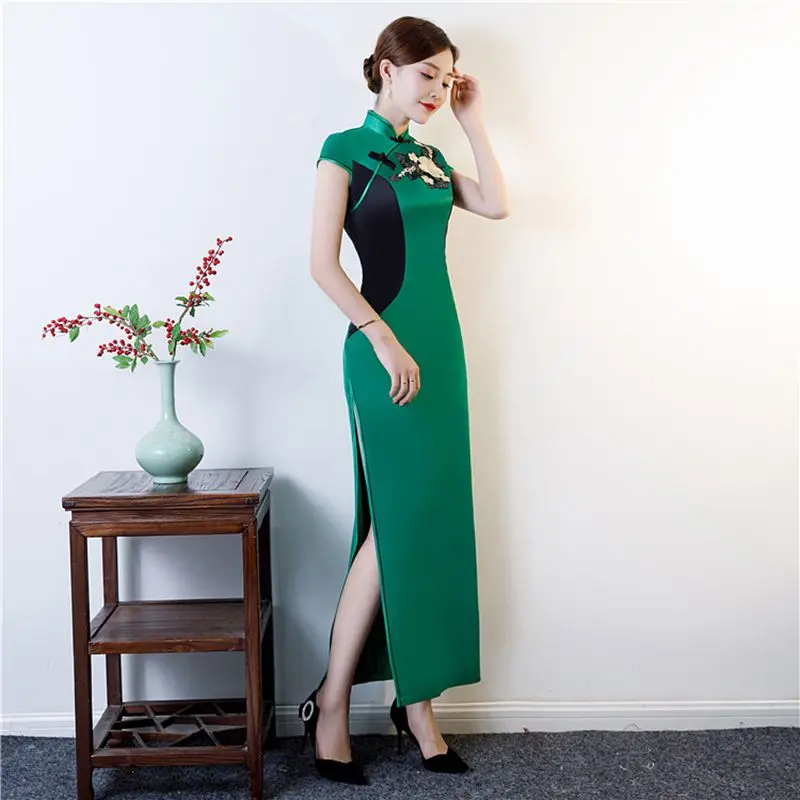 Стиль вышитые Улучшенный чёнсам женские атласные длинные Qipao часть платье walk Show Cheongsam Vestido плюс размер S-5XL