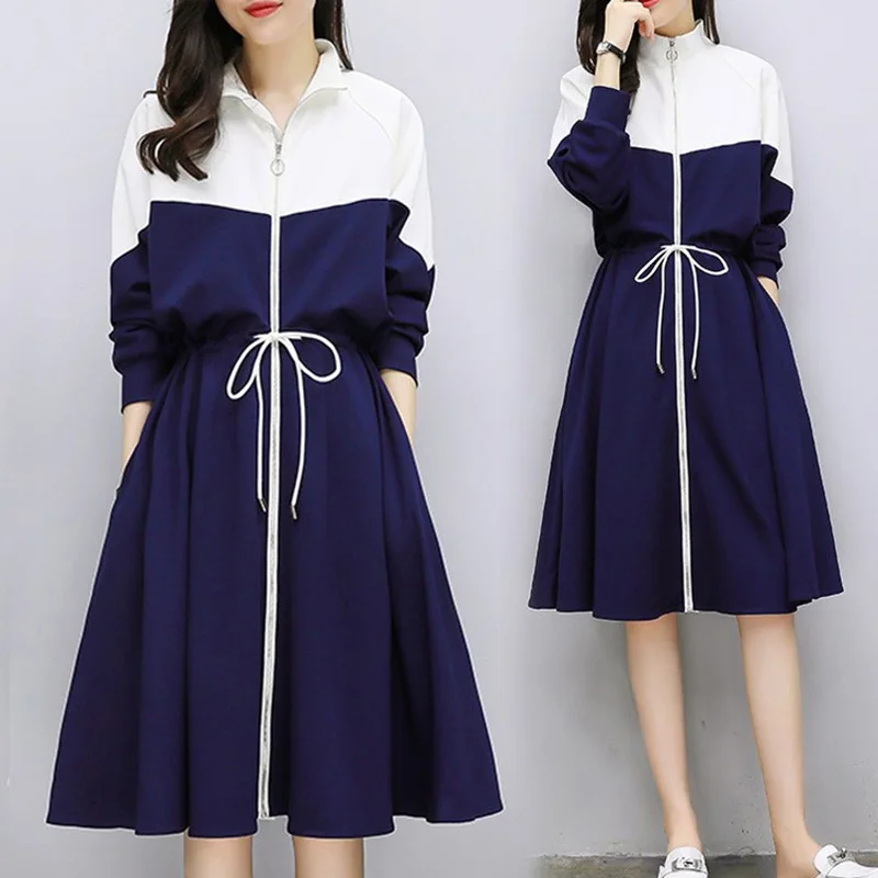 2019 Spring Autumn Fashion Women Bust Zippers Dress Solid Pleated o-neck Ladies Dresses Evening Party Loose large size DJ049