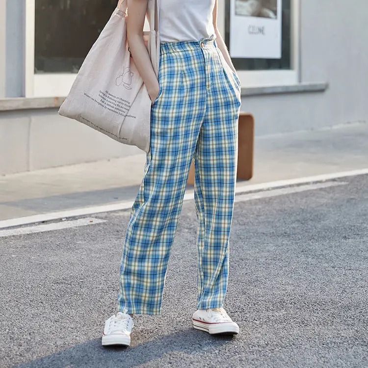 Wide Leg Pants Women Fashion Blue Plaid 