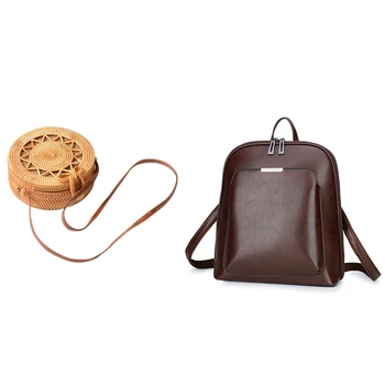 

Ladies Hand-Woven Bag Round Rattan Shoulder Strap & Vintage Backpack Female Leather Women's Backpack School Bag