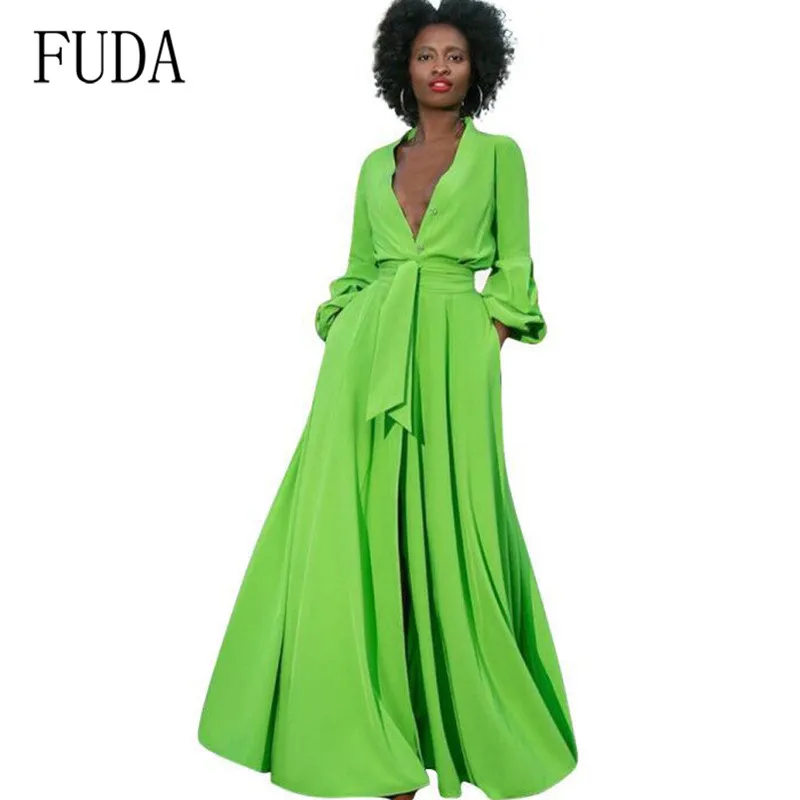 

FUDA High-end Temperament Women Dress Sexy Turn-down Neck Split Loose Elegant Bandage Maxi Dress Femme New Fashion Party Dresses