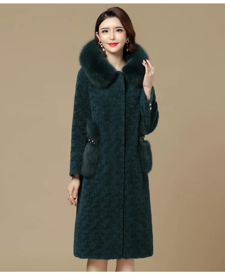 Dark green UHYTGF, осенне-зимнее женское пальто из искусственного меха, теплое, плюс размер, меховой воротник, с капюшоном, длинное пальто, Меховая куртка, женская верхняя одежда, плюшевое пальто 657 - Цвет: Dark green