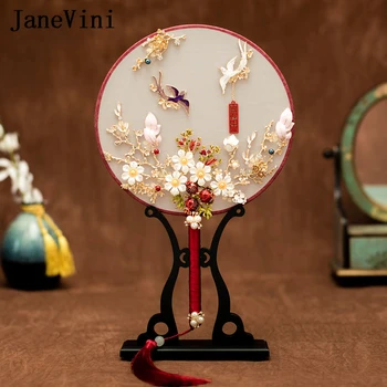 

JaneVini 2020 Unique Chinese Red Bridal Bouquet Fan Type Handmade Flowers Beads Metal Round Hand Fan Wedding Jewelry Accessories