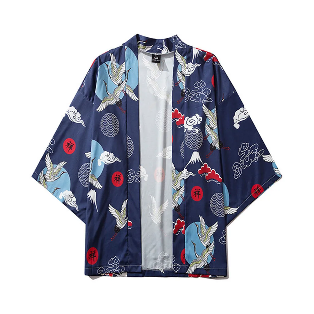 Мужская летняя рубашка в японском стиле Харадзюку, мужская повседневная рубашка camisa masculina, пляжные Гавайские рубашки с принтом, одежда с коротким рукавом dg3 - Цвет: Blue2