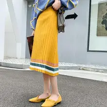 Новинка, Женские Вязаные Юбки миди с эластичной талией, Осень-зима, толстые женские свитера, юбки, хит, цветные, в полоску, плиссированные юбки