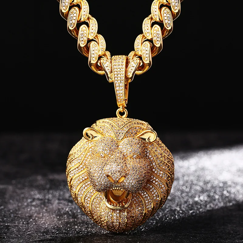 

Hip Hop Prong Setting AAA CZ Stone Bling Ice Out Male Lion Pendants Necklace for Men Rapper Jewelry Gold Silver Color