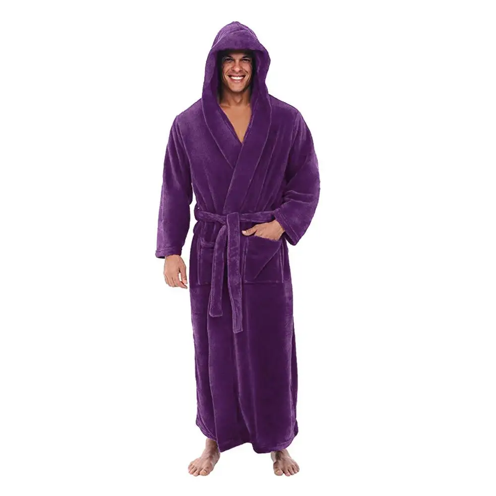 Мужская зимняя плюшевая удлиненная растягивающаяся шаль, халат с длинным рукавом, домашняя одежда, халат, мужской Халат - Color: Purple