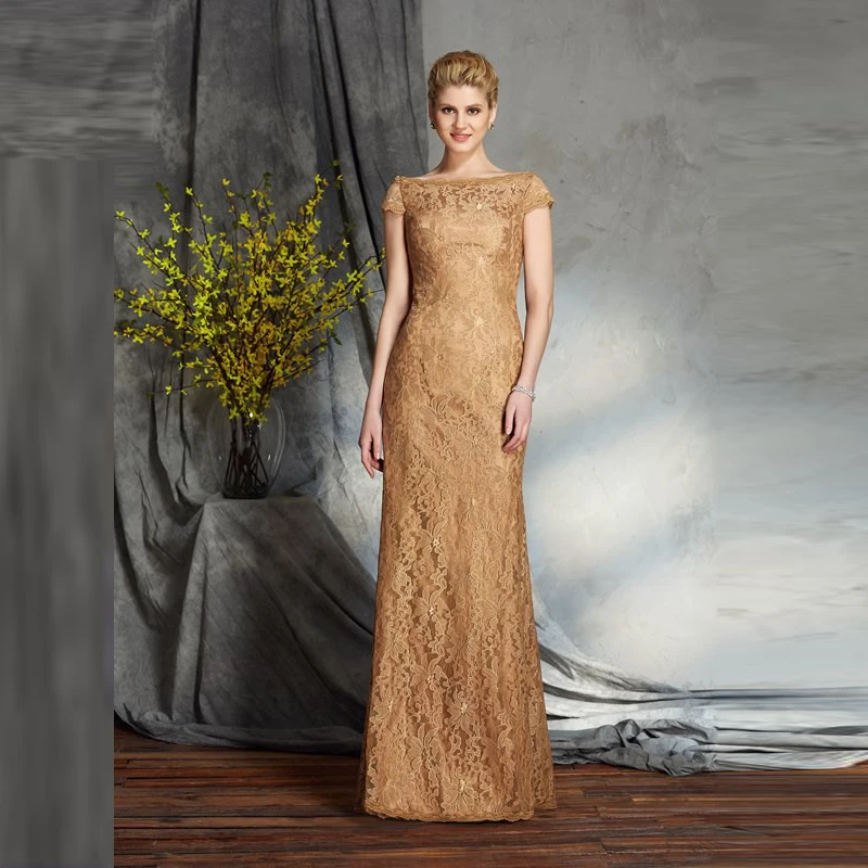 New Arrival Graceful A Line Gold Lace Mother of the Groom Gowns Cap Sleeves Bateau Neck Wedding Party Dress Floor Length | Свадьбы и