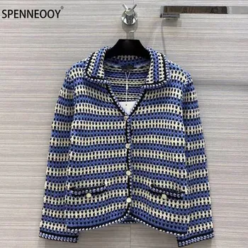 

SPENNEOOY Designer Brand High-End Autumn Knitting Cardigan Women Long Sleeve Single-Breasted Stripe Sweater Coat