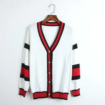 

NiceMix Long Seeve V-neck with Pearl Beading Button Cardigan Women Color Striped Causal Loose Sweaters Black White Knit Coat