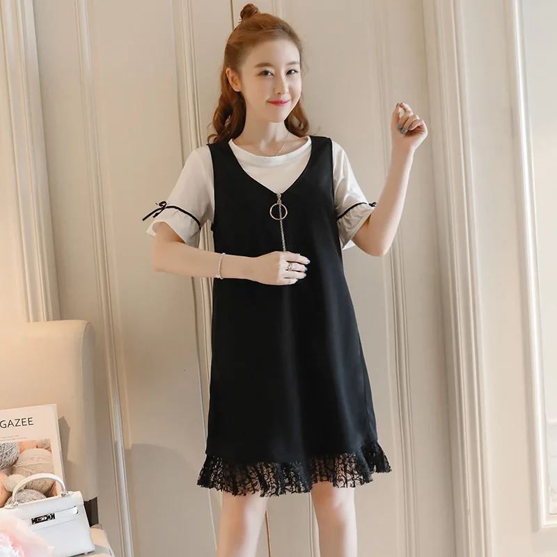 

2018 Summer New Style Pregnant Women Short Sleeve Crew Neck Tops Mid-length-Dress Two-Piece Set Large Size Set