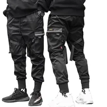 Мужские цветные черные брюки карго с лентами и карманами,, шаровары для бега, харадзюку, спортивные штаны, брюки в стиле хип-хоп