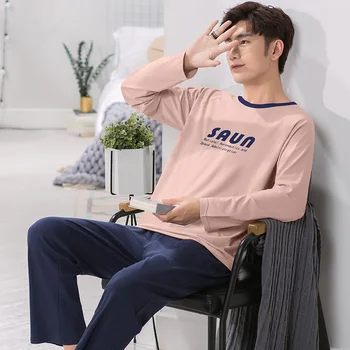 

Autumn Winter Long Men's Cotton Pajamas Letter Striped Sleepwear Cartoon Pajama Sets Casual Men Pyjamas Plus Size 3XL Pijama