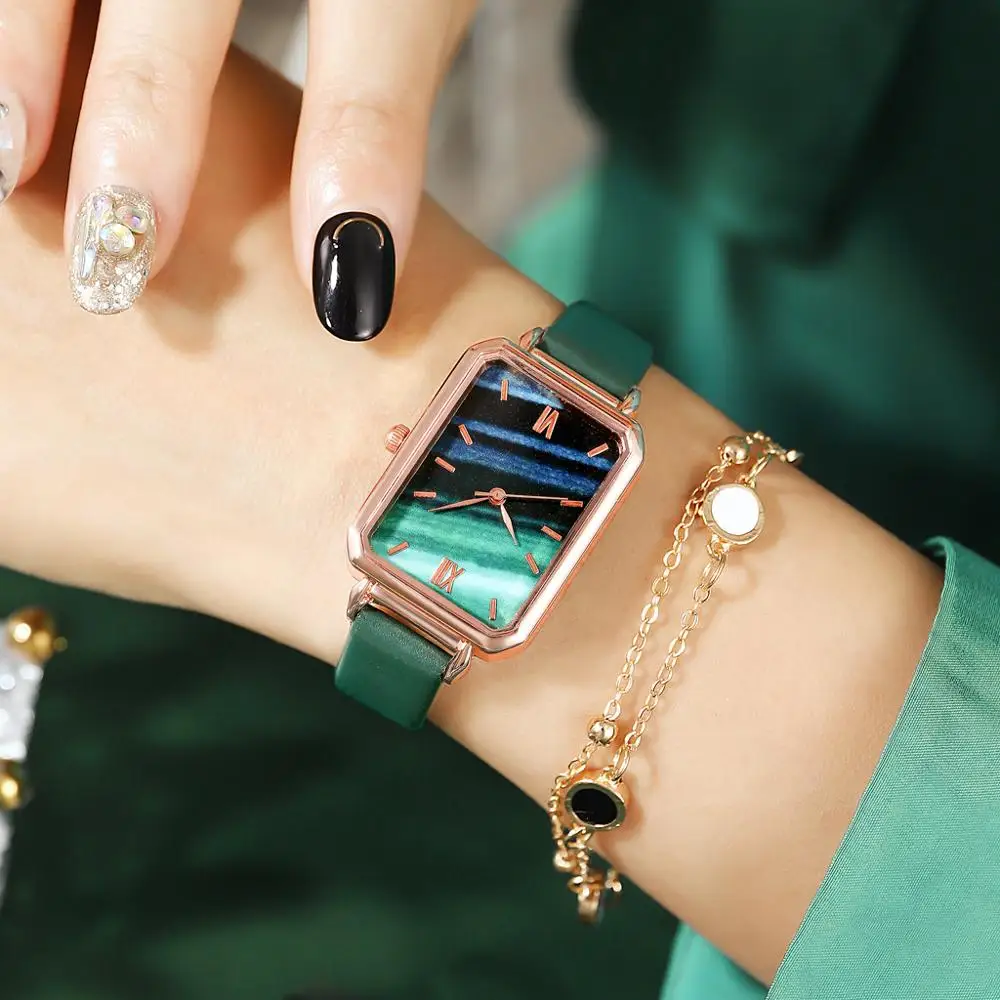 Orologi Da Donna Set Top Brand Luxury Square Dial Green Watch Bracciale Casual Elegante Orologio Da Polso Da Donna Orologio Da Donna Montre Femme