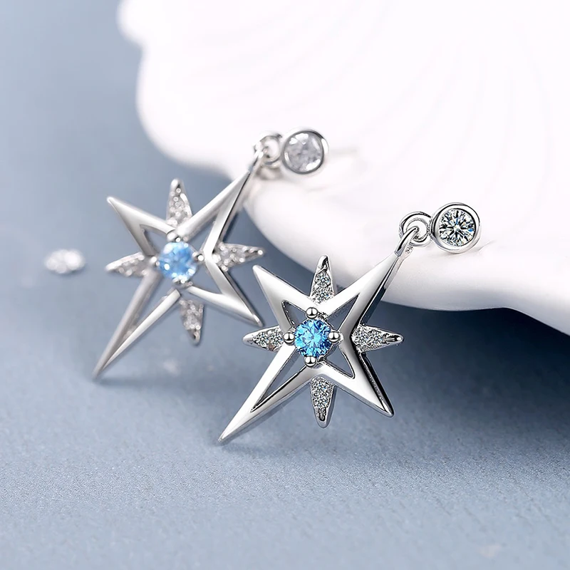 Nieuwe Mode Star Drop Oorbellen Voor Vrouwen Blue Cubic Zirkoon Flash Geometrische Dangle Earring Stud Piercing Sieraden Partij Accessoire