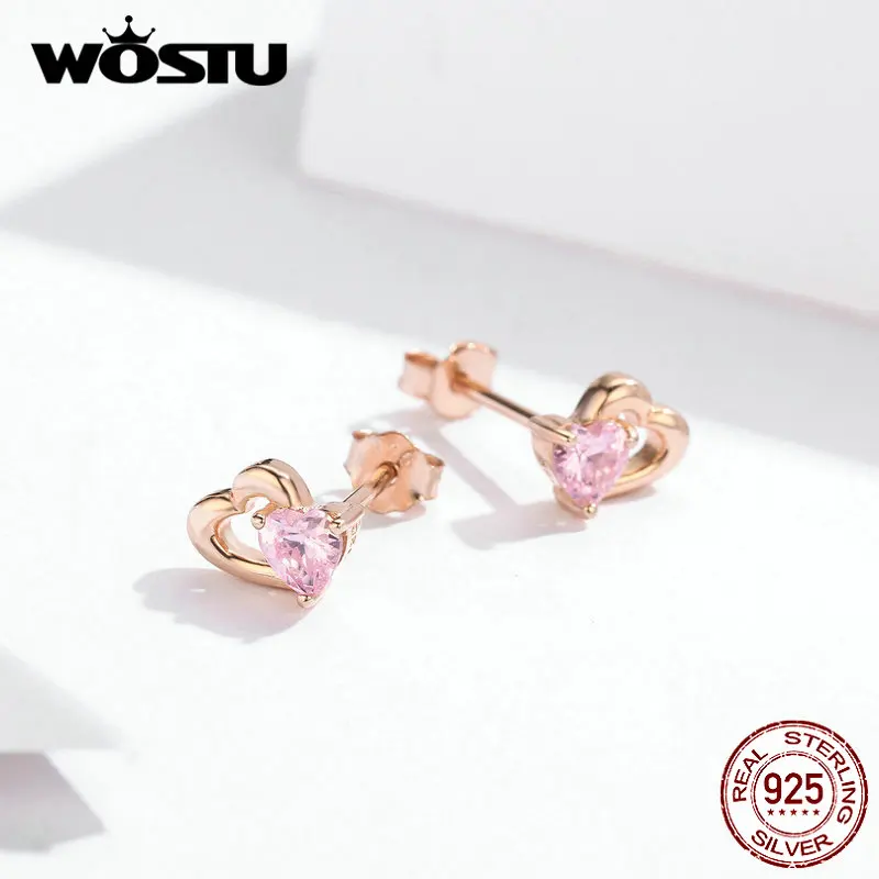Женские серьги гвоздики с розовым сердцем WOSTU свадебные из розового золота