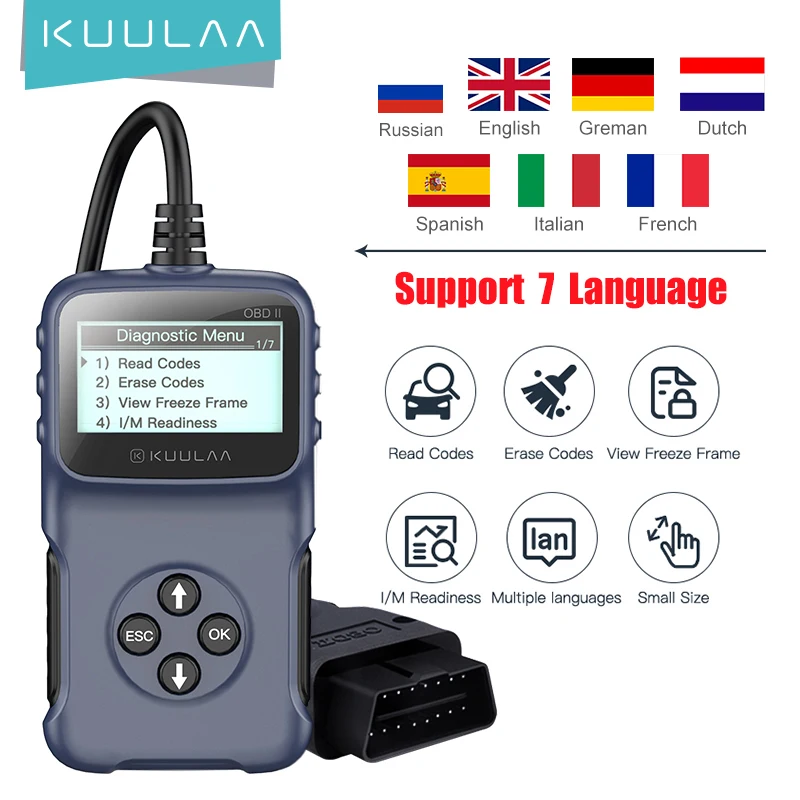 KUULAA OBD2 coche herramienta de diagnóstico V309 leer la tarjeta de código lee coche código de error borrar código de error controles información del vehículo coche escáner